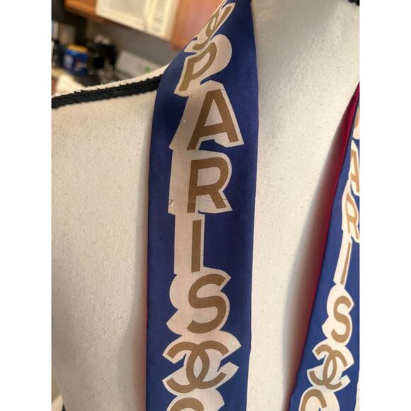 Chanel Silk Twill Slim Bandeau Scarf Blue Ecru Beige - Picture 6 of 8